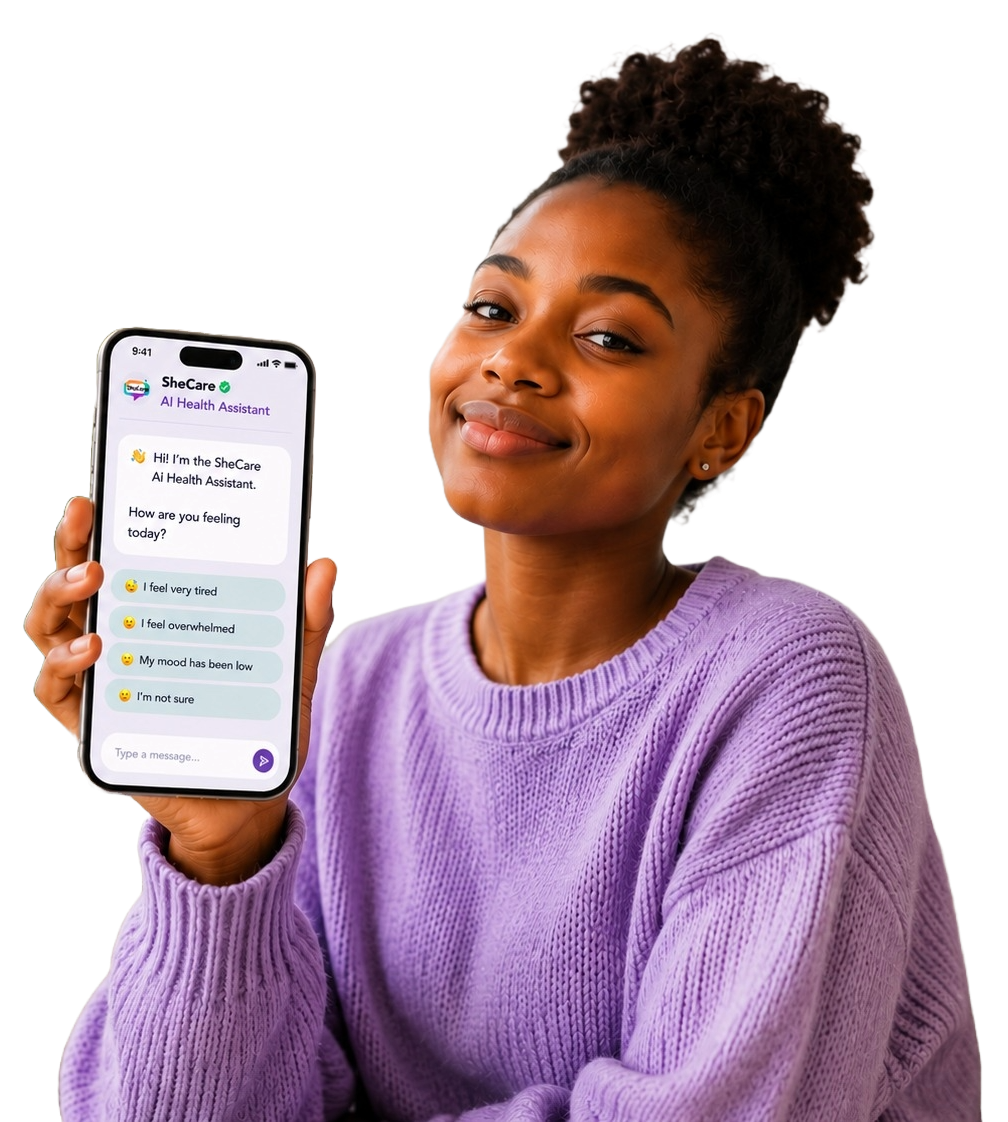 Woman using SheCare health app on her phone