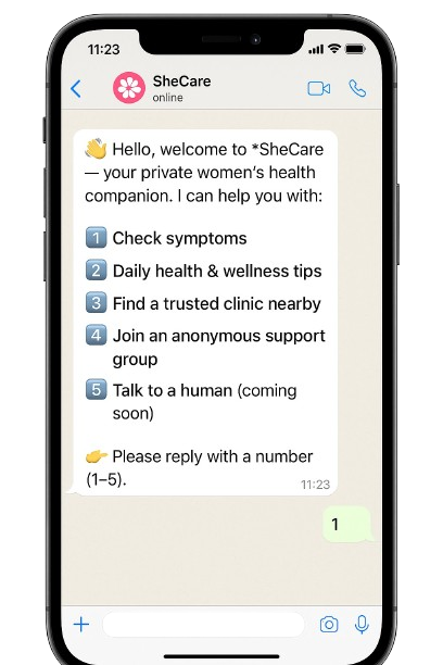 SheCare AI chat conversation mockup